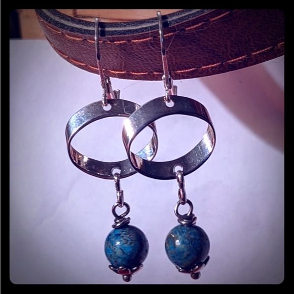 Handmade Imperial Jasper Gemstone & Flattened Silver Rings Dangle Earrings - Picture 1 of 6